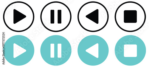 Modern, media control button icons set in black and blue, vector illustration, play, pause, stop, fast forward, rewind, volume, mute, interface symbols, flat vector graphics for apps, websites, 