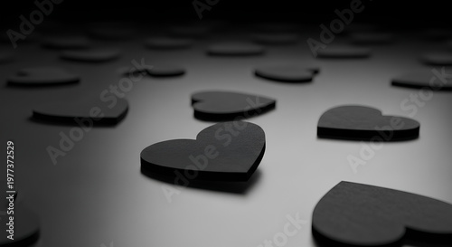 Black heart shapes on dark reflective surface, moody minimalist background, elegant symbols for mourning, bereavement, or unconventional Mother's Day remembrance themes.