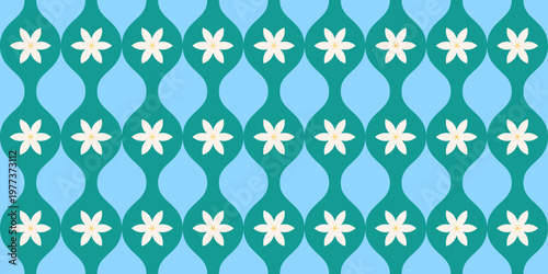 Geometric pattern seamless with white jasmine flowers on green and light blue wavy background. Design for fabric, Background, Wallpaper, Vector illustration.