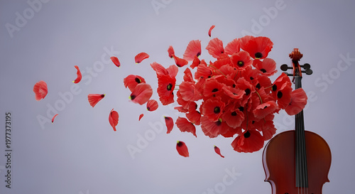 Red poppy flowers emerging from a classical violin, artistic floral arrangement, elegant musical instrument with surreal scarlet blossoms, poetic Mother's Day concept.