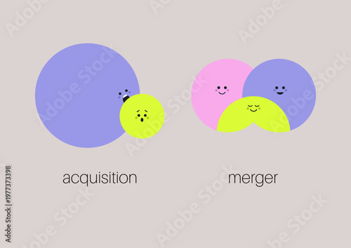 Simple shapes illustrate key differences between merger and acquisition, using colors and smiles to convey business concepts in a fun and engaging manner, making learning enjoyable