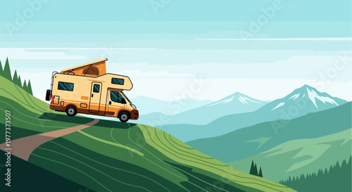 Cartoon-Style Campervan Driving Up Hill on a Sunny Day, Adventure Ready.