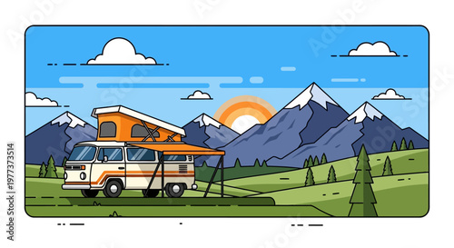 Illustrated Campervan with Pop-Up Roof and Awning in Mountain Landscape