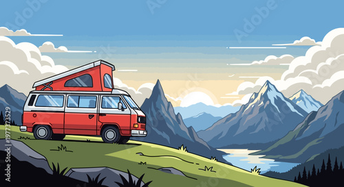 Red and White Camper Van with Pop-Top Roof, Mountain View