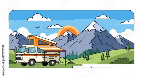 Illustrated Campervan with Orange Pop-Top and Awning, Parked Outdoors