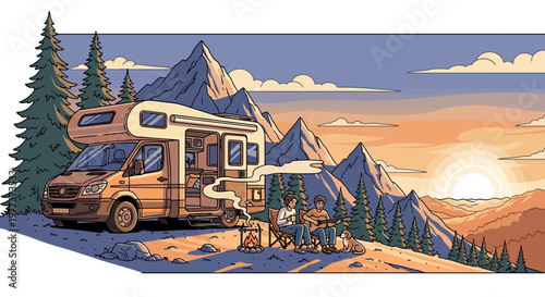 Illustrated Campervan Parked Near Mountains with People Enjoying Sunset