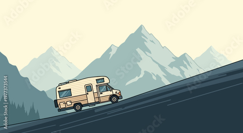 Beige and White Campervan Driving Uphill on a Mountain Road, Cartoon Style
