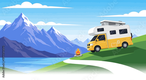 Yellow and White Camper Van on Green Hillside, Adventure Ready
