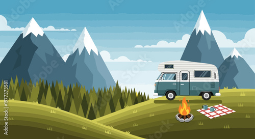 Retro Camper Van Illustration with Blue and White Color Scheme in Nature