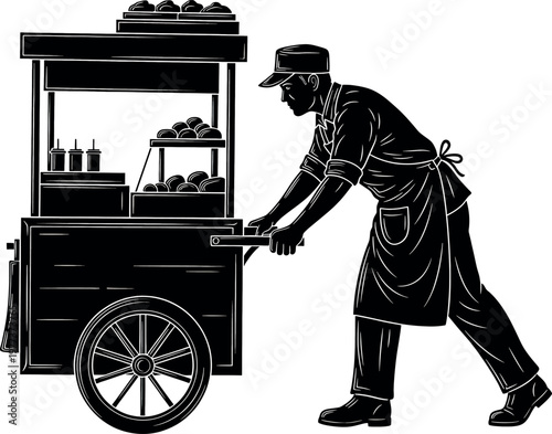 Vintage street vendor illustration a black and white depiction of a man operating a food cart evoking a nostalgic feel