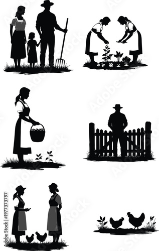 farm life silhouettes rural agriculture family farming gardening activities vintage countryside workers planting watering chickens fence black illustration set