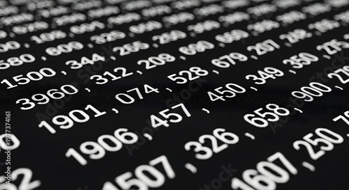 Abstract numerical data and spreadsheet values. Accounting software and business intelligence concept. Rows of financial figures and statistical numbers on a black texture