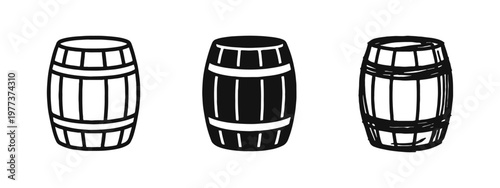 Wooden barrel icons in outline, flat silhouette, and sketchy hand-drawn styles for brewery or storage concepts