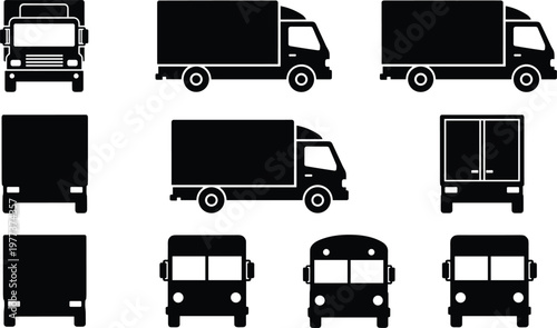 Delivery truck silhouettes set featuring cargo transport vehicles logistics vans shipping fleet vector illustration collection isolated on light background for commercial design