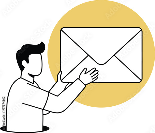 A line art illustration showing a person emerging from a hole to hold a large envelope icon.