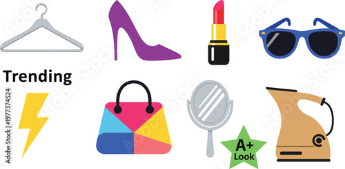 Fashion and Beauty Icon Set for Trending Styles, Makeup, Accessories, and Personal Care