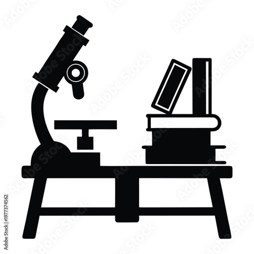 School Lab Bench Silhouette with Microscope and Test Tubes 