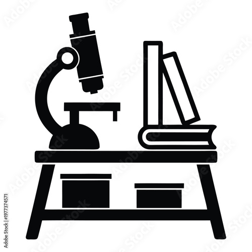 School Lab Bench Silhouette with Microscope and Test Tubes 