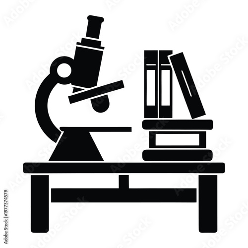 School Lab Bench Silhouette with Microscope and Test Tubes 