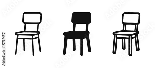 Wooden chair icon set in outline, solid, and hand-drawn sketch styles for furniture design and interior concepts