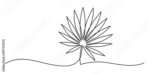Single line art illustration of a tropical palm leaf with multiple pointed fronds and a long stem