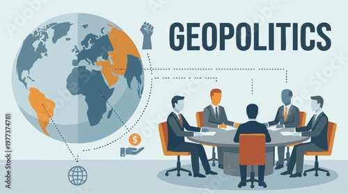 Foto Geopolitics concept illustration with business people and global issues