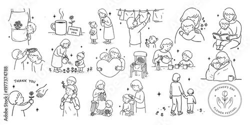 母の日のやさしい時間を描いた線画イラストセット（親子・感謝・暮らしのシーン）、Mother’s Day line art illustration set featuring warm family moments and gratitude scenes