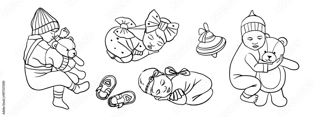 Fototapeta premium Minimalist line art set of newborn babies with toys, sleeping poses and cozy outfits. Concept of baby care, parenting and early childhood, showing tenderness, comfort and everyday infant moments.