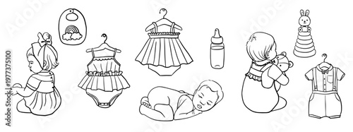 Minimalist line art set of newborn baby items and scenes: sleeping infant, clothes, toys and feeding bottle. Concept of baby care, parenting and early childhood essentials in clean outline style.