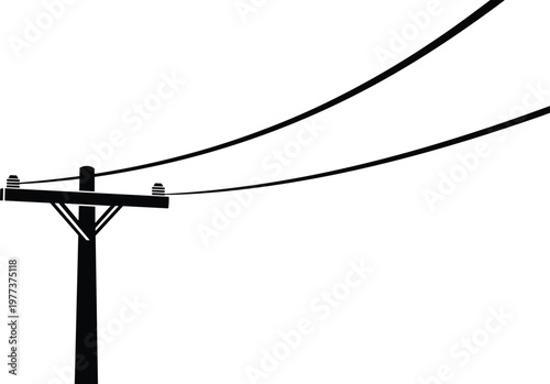 Electric utility pole silhouette with power lines, minimal flat vector illustration for infrastructure, energy distribution, urban design, engineering concept scene
