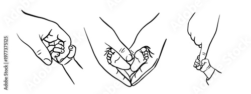 Minimalist line art of parent and newborn hands holding and forming heart shapes. Symbol of love, care and protection. Concept of parenting, tenderness and emotional bond between parent and baby