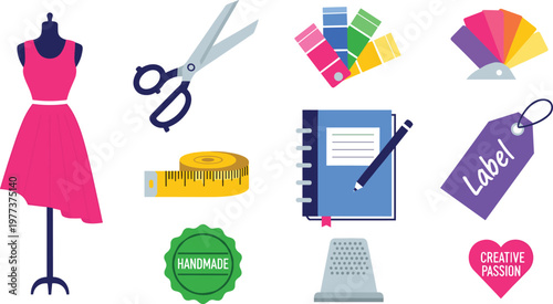 Fashion Design and Crafting Icon Set for Clothing, Labeling, Handcrafted Items, and Color Palettes