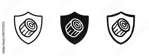 Wood protection shield icon set representing timber safety, insurance, and preservation in three different styles