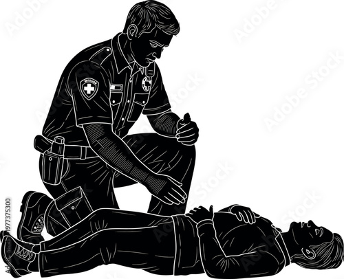 A stark black and white illustration depicts a police officer kneeling beside a restrained individual on the ground