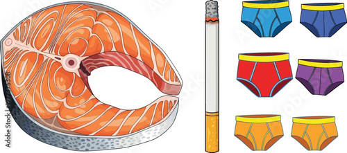 Salmon fish steak with cigarette and colorful underwear collection unusual concept vector illustration combining food clothing and smoking elements