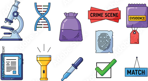 Forensic Science and Investigation Icon Set for Crime Scene, Evidence, DNA, and Crime Analysis