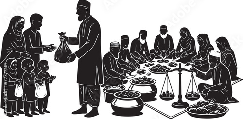 Silhouette of people cutting and distributing qurbani meat to a poor family, concept of charity and sharing during Eid al-Adha.