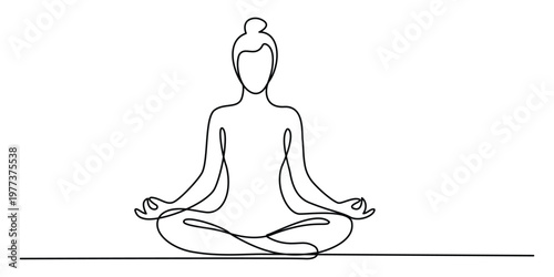 Continuous line drawing of a woman practicing yoga in a seated lotus meditation pose.