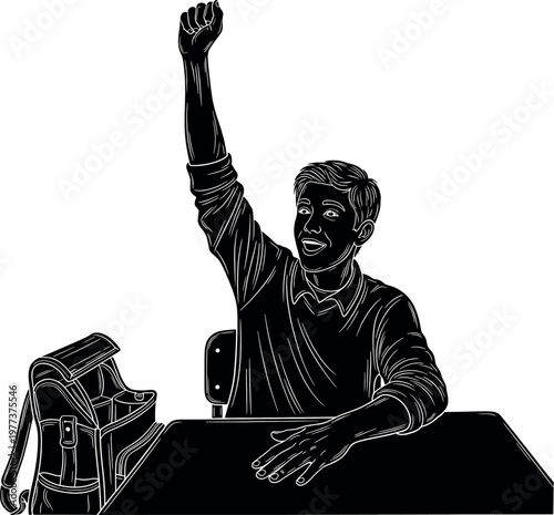 Vintage illustration of a man raising his hand in a public speaking setting black and white