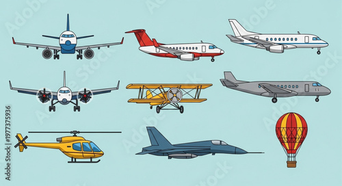 Collection of various aircraft and hot air balloon illustrations.