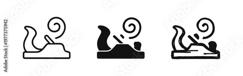 Woodworking hand plane icon set featuring outline, solid, and hand-drawn styles for carpentry and craft tools