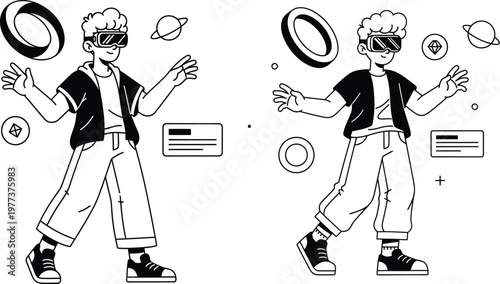 Boy wearing vr headset interacting with futuristic holographic interface augmented reality line art digital art virtual reality metaverse technology