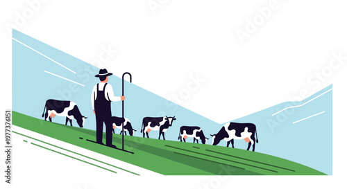 Vector Illustration of a Farmer Herding Cows on a Green Hillside