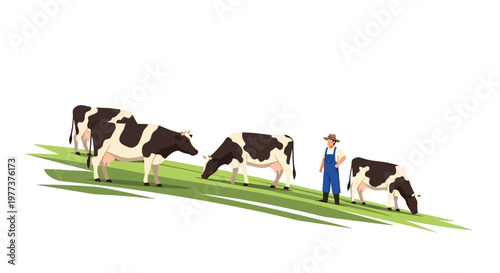 Cartoon Cows Grazing on Green Grass with Farmer in Field