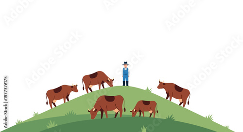 Cartoon Cows Grazing on Green Hillside with Farmer, Simple Illustration