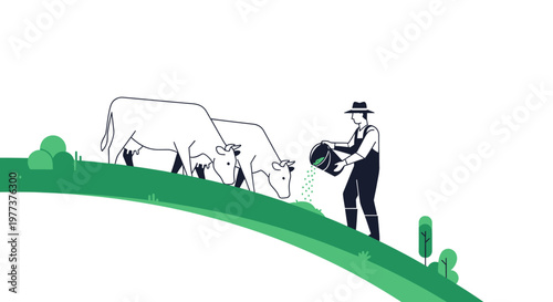 Farmer Feeding Cows on Green Hillside with Bucket, Vector Illustration