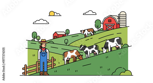 Vector Illustration of a Farmer Standing Near Wooden Fence and Cows