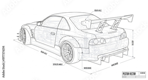 Detailed technical drawing of a sports car with dimensions.