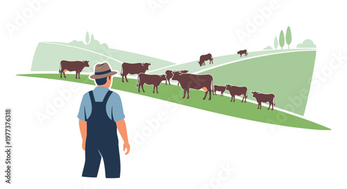Farmer in Overalls Watching Cows Grazing on Green Pasture