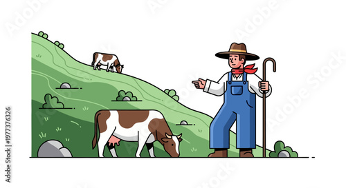 Cartoon Farmer Pointing at Cows, Wearing Overalls and Holding Staff